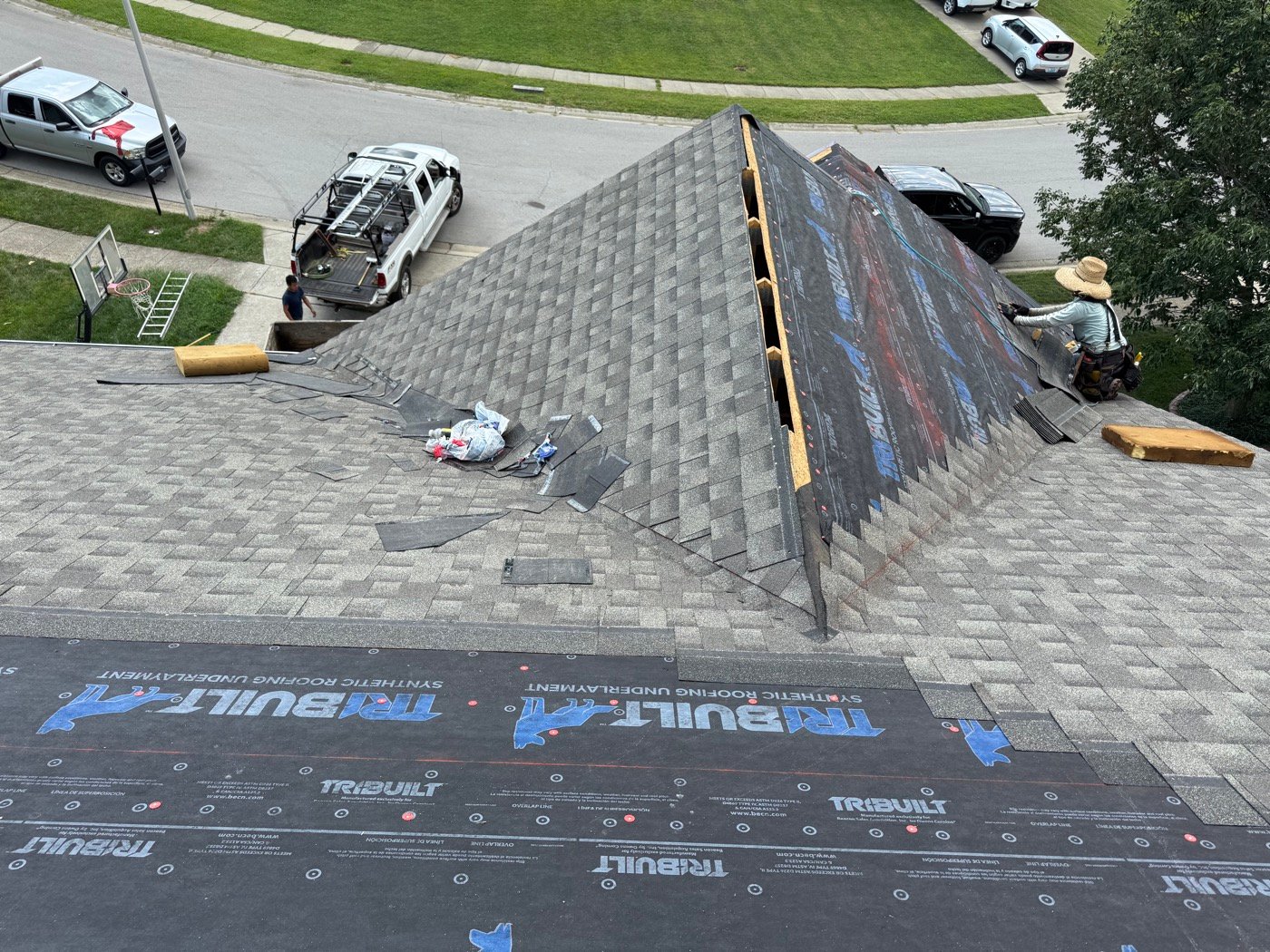 Close-up of shingle installation on a roof
